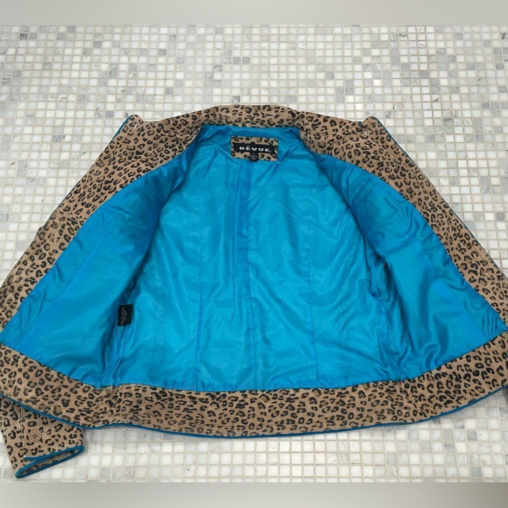 Revue Leather Brown Animal Print with Turquoise Trim Jacket - Picture 6 of 10